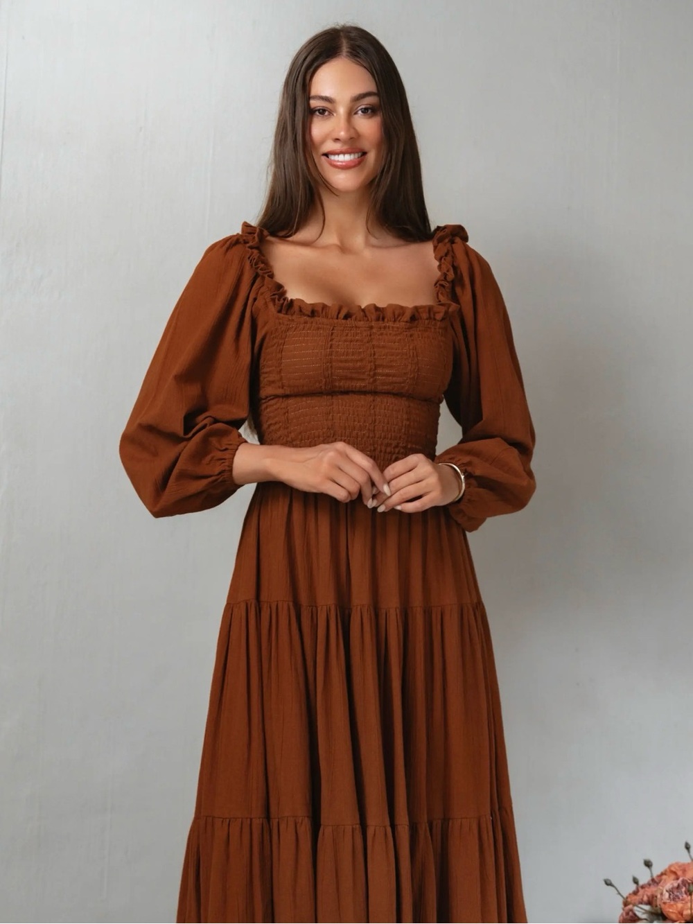 Moddo Flavia Rust linen Smocked Square-Neck Maxi Dress - Women